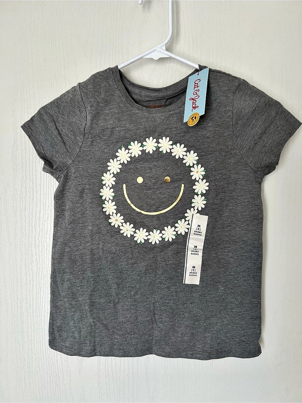 Cat & Jack Girls Gray Floral Smile Tee Size Medium NWT